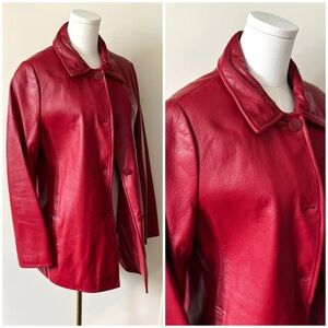 90s Vintage Cherry Red Leather Oversized Flattering Boxy Fit Button Front Jacket